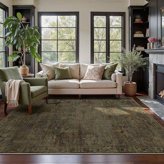 GENIMO 8x10 Area Rugs for Living Room, Machine Washable Non Slip Vintage Rugs, Low Pile Lightweight Chenille Print Rug for Bedroom, Dining Room, Home Office, Moss Taupe