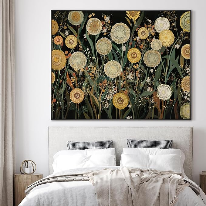 SIGNWIN 46"x60" Extra Large Framed Wall Art Whimsical Dandelion Field in Yellow and Green, Playful Botanical Print for Home Living Room Bedroom Decor (Frame Assembly Required)