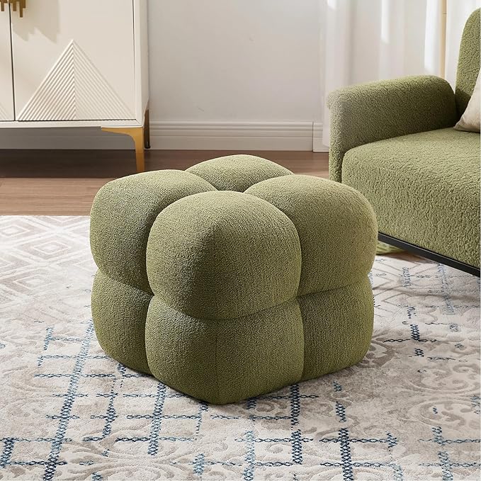Zesthouse Square Pouf Ottoman Footstool, Modern Ottoman Coffee Table for Living Room, Poofy Boucle Stool Foot Rest, Upholstered Tufted Stool for Couch, Cube Vanity Chair Backless for Bedroom, Green