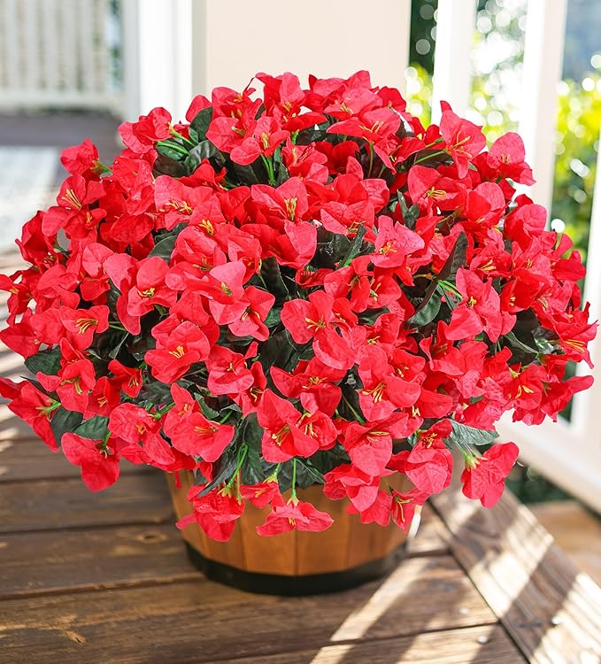 Ivydale Artificial Bougainvillea Flowers for Outdoors Decoration, 4 Bundles Fake Flower UV Resistant Realistic Silk Flowers for Outside, Faux Plants for Planter Patio Porch Home Decor (Red)