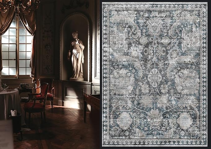 RUGSURE Washable Area Rugs - Perfect for Living Room, Bedroom, Kids Room, Nursery - Stain & Water Resistant Non-Slip, Pet & Child Friendly, Vintage Tribal Area Rugs (Grey and Blue, 8' x 10')