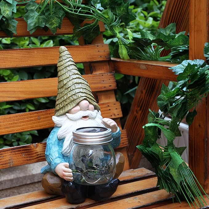 Solar Firefly Jar Gnome Waterproof- Large Garden Gnome Funny Solar Outdoor LED Lights Resin Statues 10.6" Lantern Figurines Decorations Birthday Gifts for Mom Women - Unique Housewarming Gifts