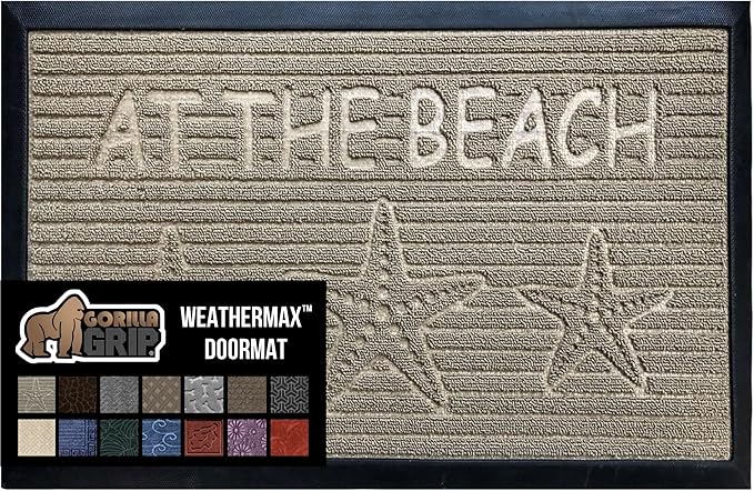 GORILLA GRIP 100% Waterproof All-Season WeatherMax Doormat, 47x35, US Designed Natural Rubber, Stain and Fade Resistant, Low Profile Indoor Outdoor Door Mats, Easy Clean Patio Mat, Sand Beach