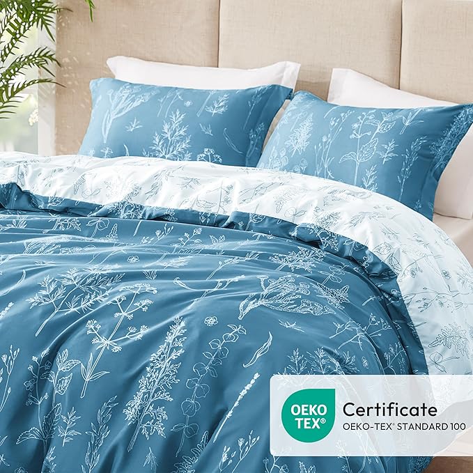 Love's cabin Mineral Blue Comforter Set Queen - Queen Size Comforter Set, 3 Pieces Cute Floral Bedding Sets for All Seasons,1 Soft Reversible Botanical Flowers Comforter and 2 Pillow Shams