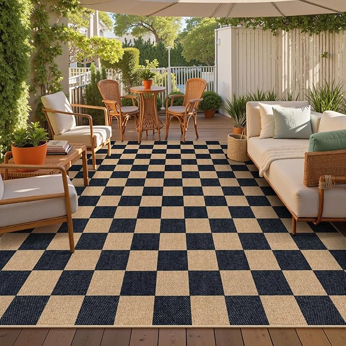 Lahome Checkered Easy Jute Rug, 9x12 Area Rug for Living Room Indoor Outdoor Carpet, Farmhouse Neutral Non Slip Non Shedding Stain Resistance Floor Carpet for Patio Dining Room Backyard