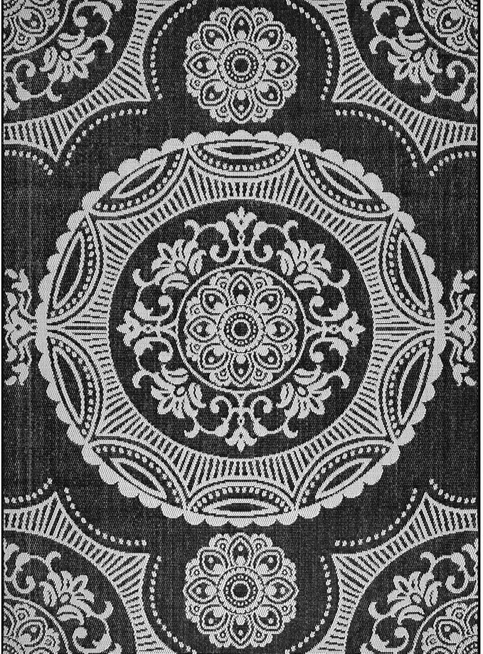 Medallion Outdoor Rug 5x7 Washable Outside Carpet for Indoor Patio Porch Waterproof Easy Cleaning Non Shedding Area Rugs Black 5 x 7