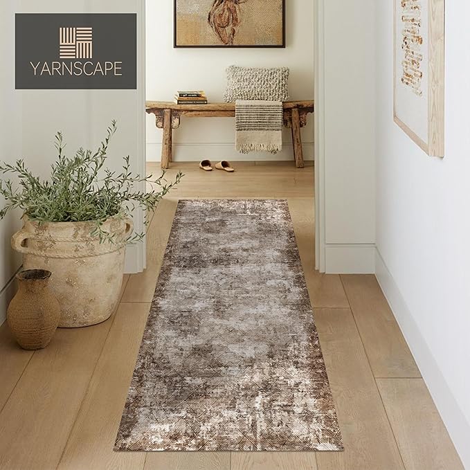 2'6'' x 8' Washable Area Rug - Low Pile Soft Vintage Indoor Rug for Living, Dining or Bedroom - Lightweight Carpet with Non-Slip Backing - Foldable for Easy Placement, Brown