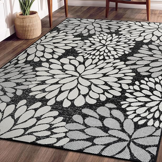 Beverly Rug Outdoor Rug 6x9 Modern Exotic Tropical Leaf Area Rugs for Indoor and Outdoor Patio Deck Porch Garden Water Resistant Washable Outside Carpet (6 x 9 Dark Gray)