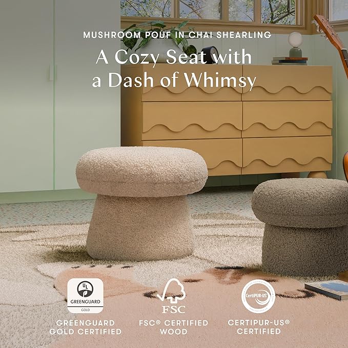 Babyletto Kids Mushroom Pouf - Ottoman Foot Rest - Poofy Plush Round Footrest Stool for Couch - GREENGUARD Certified Soft & Stuffed, Comfy Pouf Ottoman for Living Room & Nursery Floor - Chai Shearling