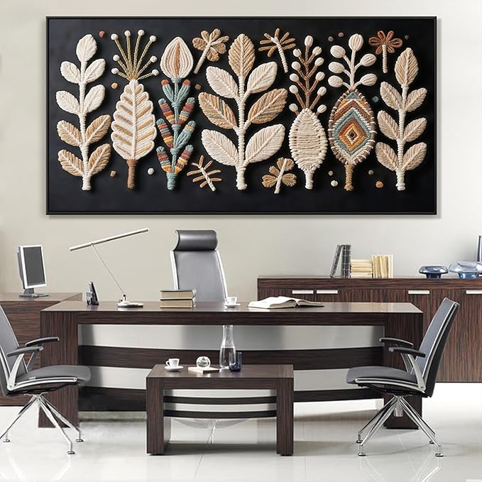 Large Boho Black Wall Art For Living Room Chic Home Wall Art Modern Multicolor Leaves Feather Canvas Wall Art Decor Picture For Bedroom Apartment Kitchen Home Wall Decor 29" X 58" With Framed