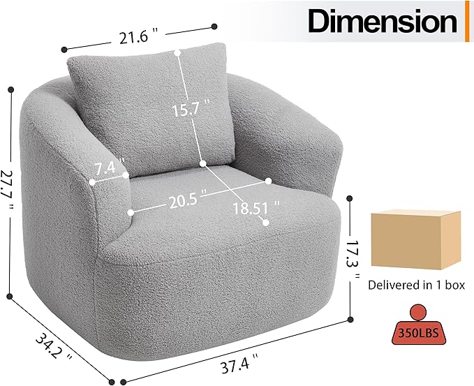 Luxlen Swivel Accent Chair with Pillow for Living Room, Teddy Fleece Upholstered Single Sofa, 360° Rotating Barrel Chair with Metal Base for Bedroom, Office, Apartment - Light Gray