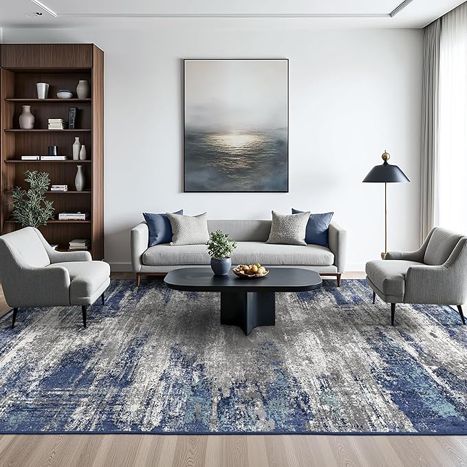 Area Rugs 5x7 for Living Room Bedroom, Modern Abstract Machine Washable Rug, Large Soft Low Pile Floor Cover with Non Slip Backing for Dining Room, Navy Blue Gray