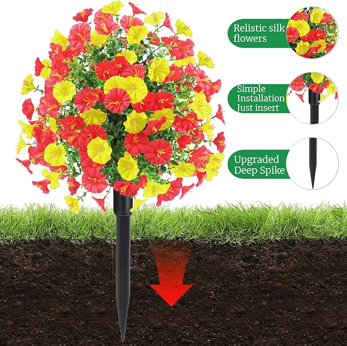 22.8" Set of 2 Fall Artificial Boxwood Topiary Ball Tree for Outdoors with Spike UV Resistant Fake Shrubs Outdoor with Morning Glory Flowers,Faux Plants Bushes for Garden Porch Yard Patio Decor-YR