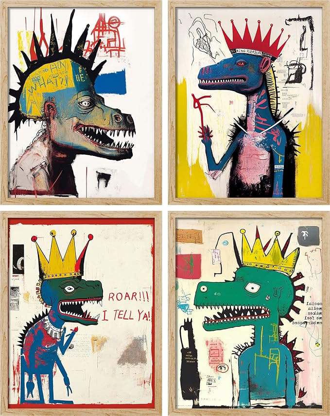 SIGNWIN Framed Vintage Retro Antique Basquiat Dinosaur Print Wall Art, Set of 4 Illustration Wall Decor Prints, Multicolor Contemporary Wall Décor for Living Room, Bedroom - 12"x16" Natural