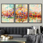 SIGNWIN Framed Canvas Wall Art Bright neon Color Buildings Block with Reflection Places Cityscape Oil Painting Abstract Modern Panoramic Colorful for Living Room, Bedroom, Office - 24"x36"x3 Black