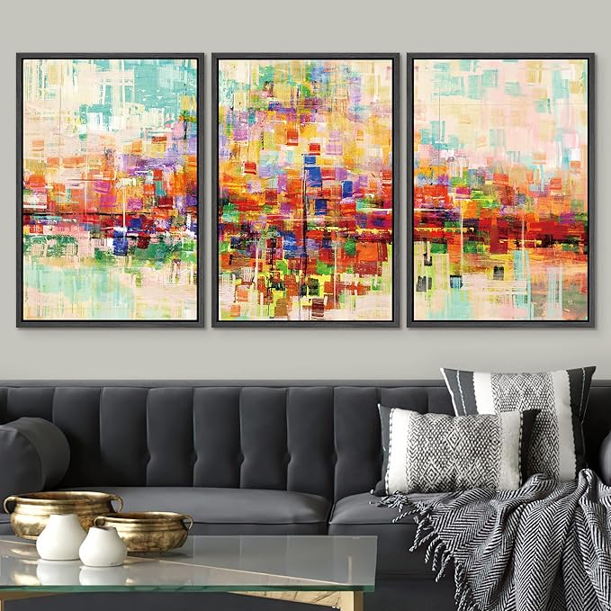 SIGNWIN Framed Canvas Wall Art Bright neon Color Buildings Block with Reflection Places Cityscape Oil Painting Abstract Modern Panoramic Colorful for Living Room, Bedroom, Office - 24"x36"x3 Black