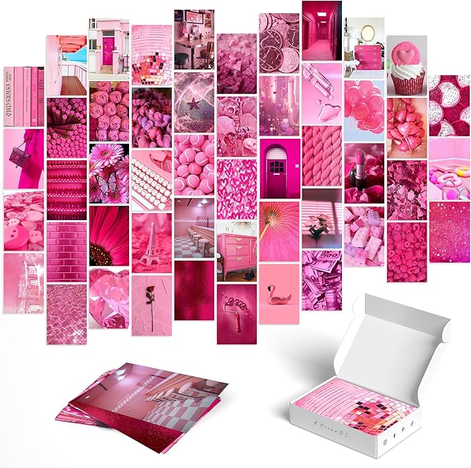 Y2K BOO Vibrant Pink Wall Collage Kit - 50pcs Aesthetic Posters for Room Decor, Perfect Dorm and Bedroom Wall Art, Fun and Feminine Pink Collage Kit for Teen Girls' Playful Rooms