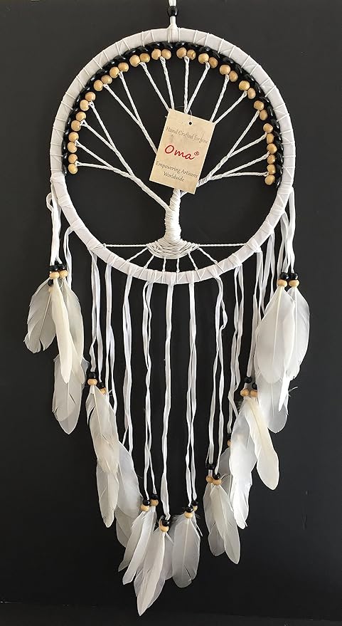 OMA Dream Catcher, Tree of Life Design with Feathers and Beads, White Suede Authentic Traditional Dream Catcher Boho Home Decor Bedroom Decoration Gift - Large Size - 36" Long x 11" Diameter (Black)