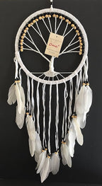 OMA Dream Catcher, Tree of Life Design with Feathers and Beads, White Suede Authentic Traditional Dream Catcher Boho Home Decor Bedroom Decoration Gift - Large Size - 36" Long x 11" Diameter (Black)