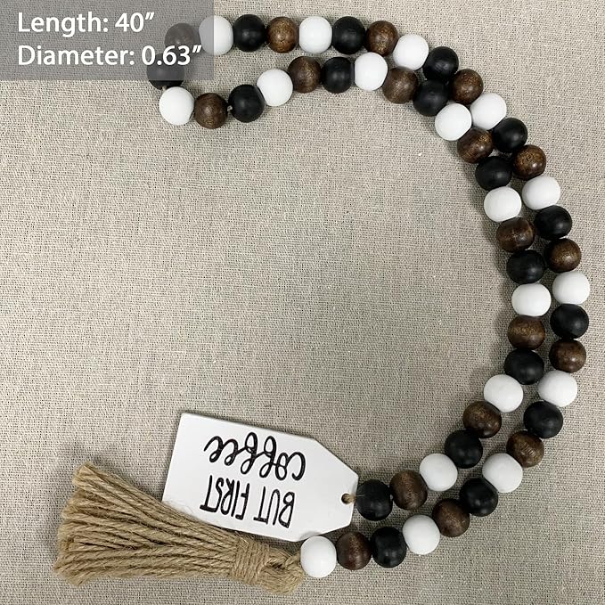 40" Handmade Farmhouse Bead Garland Wood with Tassel, Boho Chic Decorative String Beads Home Decor, Table Tiered Tray Country Wooden Accents (Mocha Mornings: But First, Coffee, 0.63" Diameter)