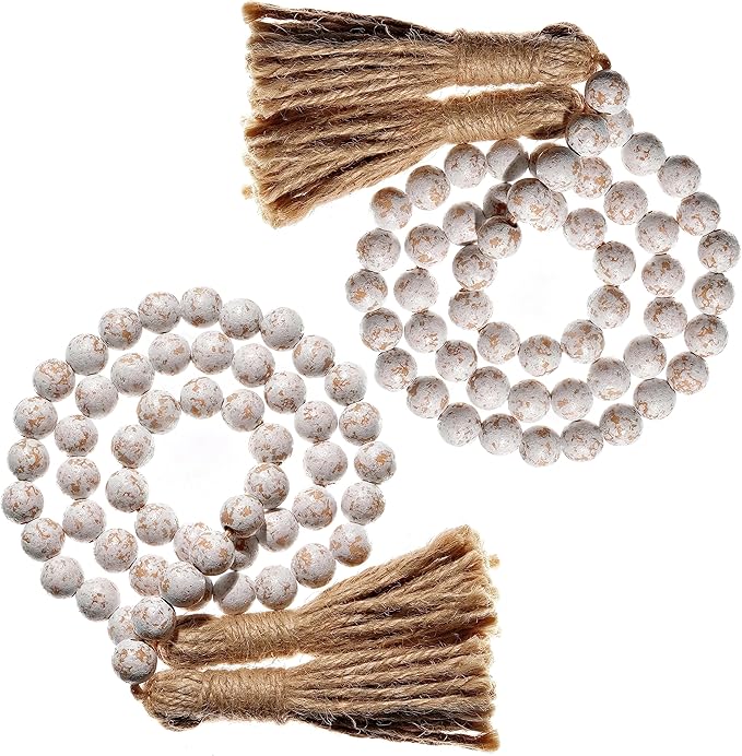 Farmhouse Wood Bead Garland Set of 2 with Tassels - Decorative Home Boho Beads