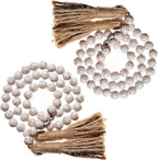 Farmhouse Wood Bead Garland Set of 2 with Tassels - Decorative Home Boho Beads