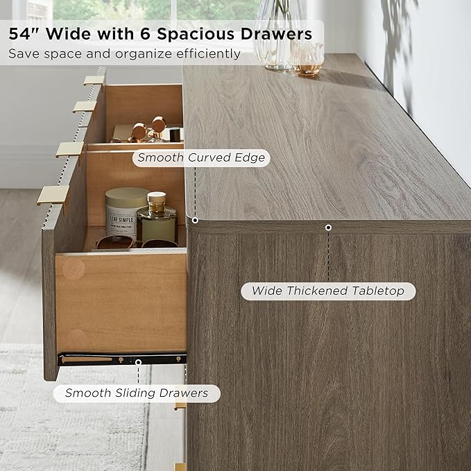 T4TREAM Fluted 6 Drawers Dresser, 54" Wide Modern Chest of Drawers, Curved Profile Design, Dresser TV Stand, Wood Drawer Organizer for Bedroom, Living Room, Hallway, Grey Alder