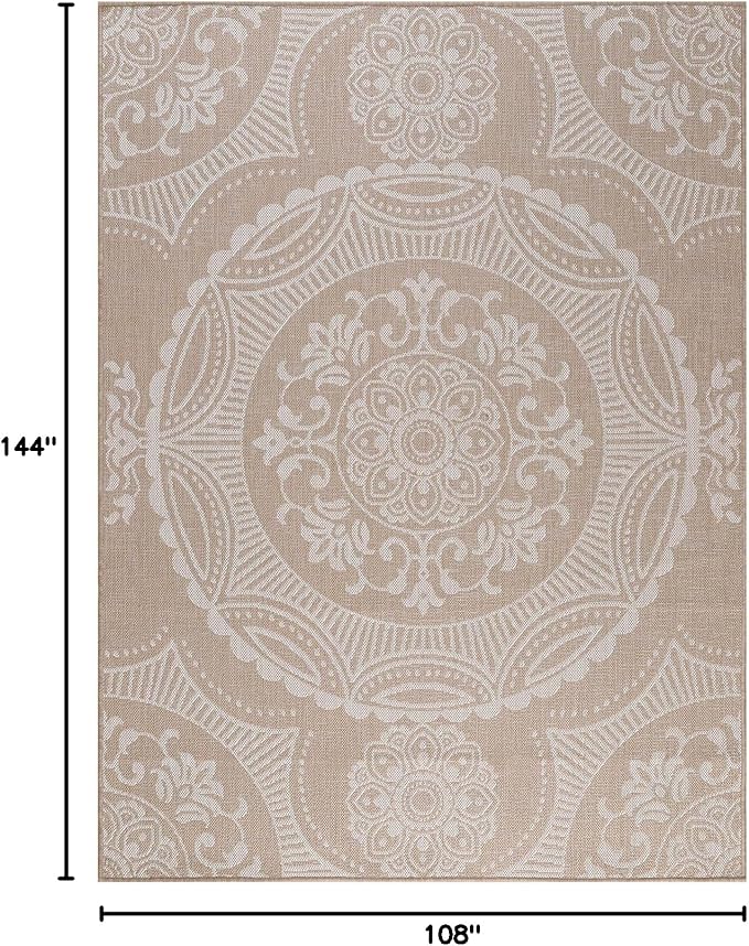 Medallion Outdoor Rug 9x12 Washable Outside Carpet for Indoor Patio Porch Waterproof Easy Cleaning Non Shedding Area Rugs Beige 9 x 12