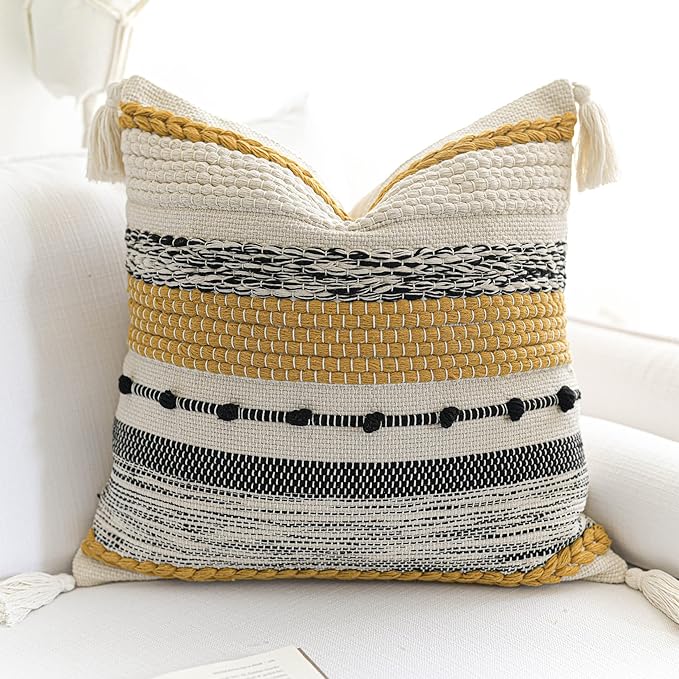 BlissBlush Fall Yellow Mustard Decorative Throw Pillow Cover 20x20 Square Boho Accent Pillowcase Tassels Farmhouse Cushion for Couch Sofa Bedroom Living Room Home Décor Cover ONLY
