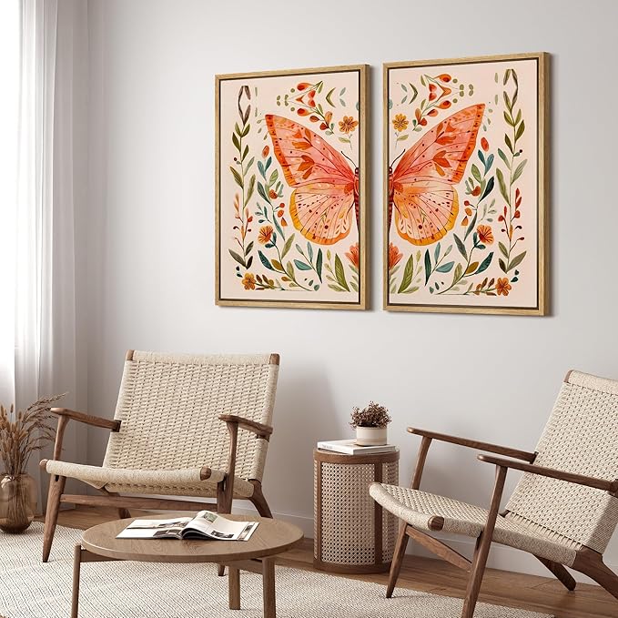 SIGNFORD Framed Canvas Print Wall Art Set Whimsical Butterfly and Florals Colorful Nature Illustration Modern Art Decorative Nordic Nature for Living Room, Bedroom, Office - 16"x24"x2 Natural