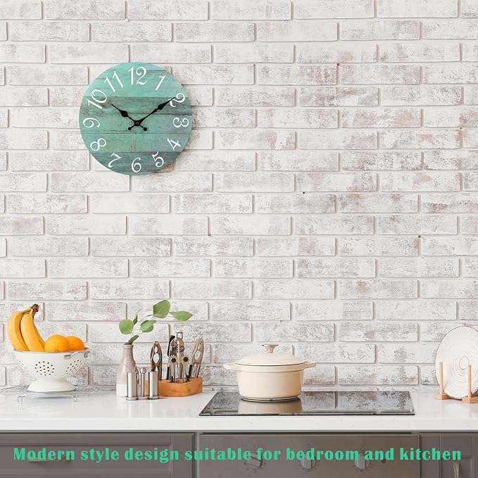 Plumeet Wall Clock, 12'' Frameless Wooden Wall Clocks with Silent Quartz Movement, Rustic Coastal Country Village Clocks Decorative for Kitchen Bedroom Living Room, Green