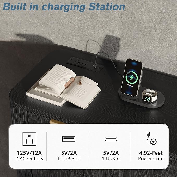 Alohappy Black Fluted Dresser with 5 Drawer and Charging, 48" Tall Mid Century Modern Chest of Drawers with Curved Profile Design, Wood Storage Dressers