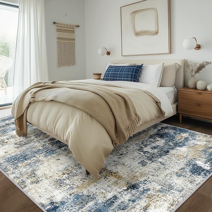 Machine Washable Rug 5x7 Area Rugs for Living Room Bedroom, Large Navy Blue Beige Abstract Area Rug Soft Throw Rugs, Low-Pile Floor Carpet with Non Slip Rubber Backing