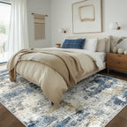 Machine Washable Rug 9x12 Area Rugs for Living Room Bedroom, Large Navy Blue Beige Abstract Area Rug Soft Throw Rugs, Low-Pile Floor Carpet with Non Slip Rubber Backing