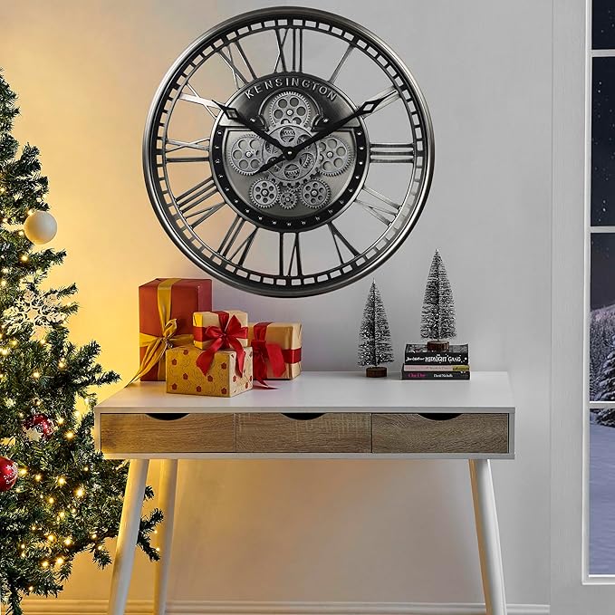 CLXEAST 21 Inch Modern Moving Gears Wall Clock for Living Room Decor,Industrial Steampunk Clocks for Farmhouse Home Decor,Roman Numerals,Gunmetal Nickel Finish