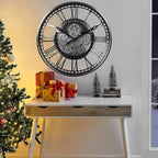 CLXEAST 21 Inch Modern Moving Gears Wall Clock for Living Room Decor,Industrial Steampunk Clocks for Farmhouse Home Decor,Roman Numerals,Gunmetal Nickel Finish