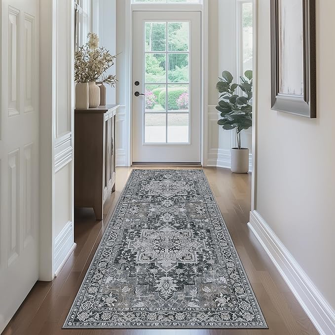 GENIMO 2'6''x10 Runner Rugs for Hallway, Machine Washable Non Slip Vintage Rugs, Low Pile Lightweight Soft Print Rug for enrtyway, Corridor, Home Office, Kitchen,Dark Gray