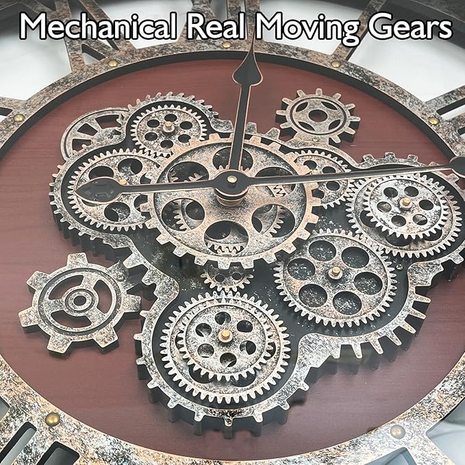 DORBOKER 36" Original Moving Gears Wall Clock, Large Industrial Wall Clock for Living Room Decor,Oversized Wood Vintage Farmhouse Steampunk Rustic Clocks for Wall Decor,Black Walnut