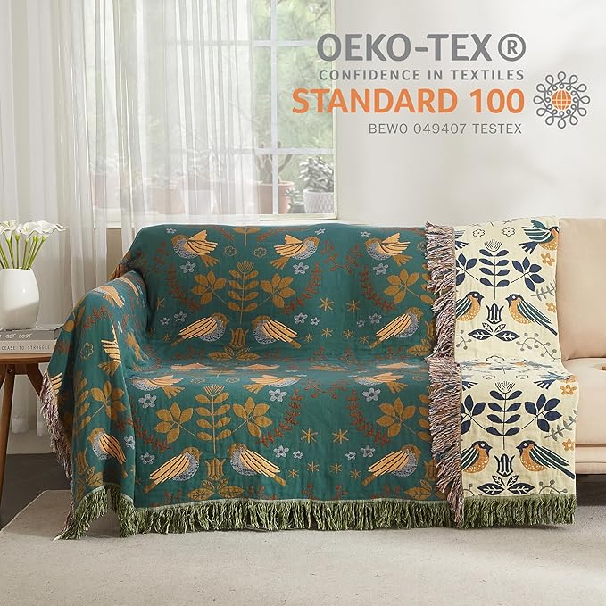 Boho Throw Blanket for Bed 60”x80”, 100% Cotton Woven Blanket for Couch Sofa, Ultra Soft 4-Layer Muslin Quilt with Bird Floral Printed, Farmhouse Bed Blanket/Cover for Living Room Decor