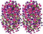 2 PCS Artificial Faux Hanging Flowers Plants for Outdoor Decor,Fake Silk Morning Glory with Eucalyptus UV Resistant Realistic Vines for Wall Home Porch Patio Balcony Yard Decor, Purple and Fuchsia