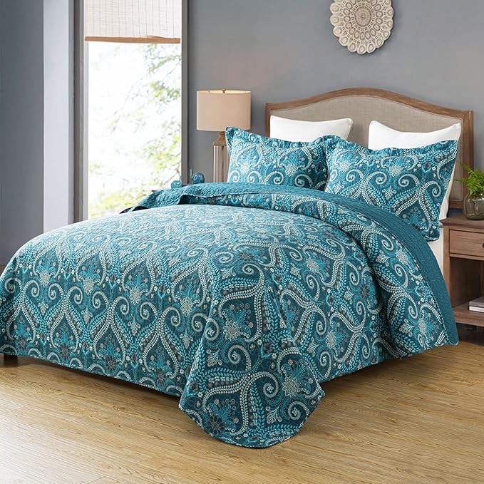 Travan 3-Piece Cotton Quilt Set Quilted Bedding Set for All Season, Cyan Blue Flower, King Size
