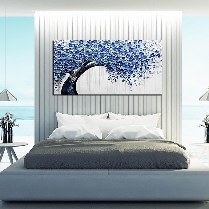 Large Wall Art for Living Room Bedroom Home Office Blue Tree of Life Wall Art Floral Picture Framed Wall Decor Modern Canvas Prints 24x48 In
