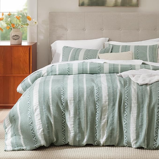 Bedsure Waffle Weave Duvet Cover King - 100% Cotton Boho Duvet Cover with 2 Pillowcases - Green Textured Comforter Cover with Zipper Closure (King, 104"x90")