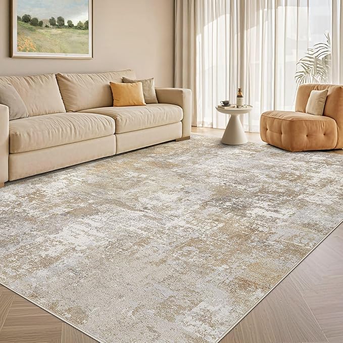 Tortania Washable 7x9 Area Rug for Living Room: Modern Abstract Neutral Large Soft Thin Rugs - Non Slip Indoor Carpet for Bedroom Dining Room Office Nursery Home Floor Decoration - Brown Grey