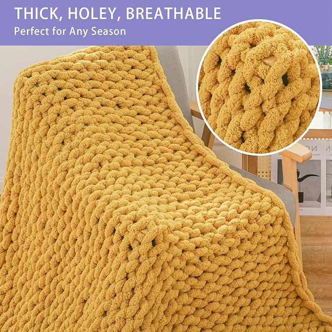Bigacogo Chunky Knit Throw Blanket for Couch, 40x80 inches, 100% Hand Knitted with Thick Jumbo Chenille Yarn, Cozy Soft Large Rope Knot Cable Crochet Blankets for Sofa Bed Living Room, Mustard Yellow