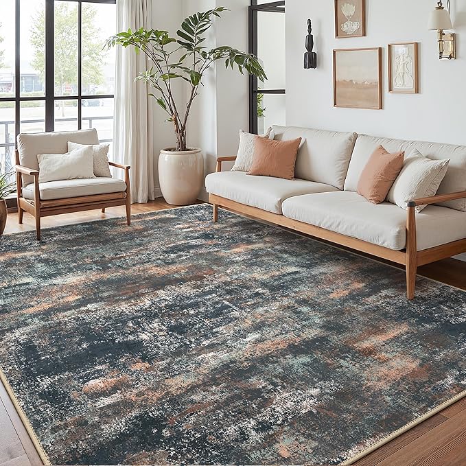 Area Rugs 8x10 for Living Room Bedroom, Modern Abstract Machine Washable Rug, Large Soft Low Pile Floor Cover with Non Slip Backing for Dining Room, Dark Blue Rust
