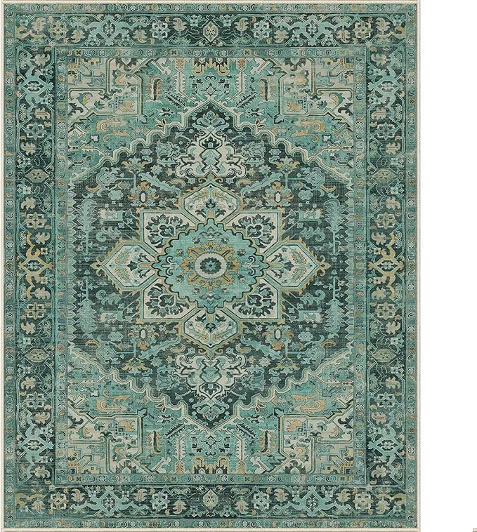 GENIMO Machine Washable 9x12 Area Rugs for Living Room, Non Slip Vintage Rugs, Low Pile Lightweight Chenille Print Rug for Bedroom, Dining Room, Home Office, Turquoise