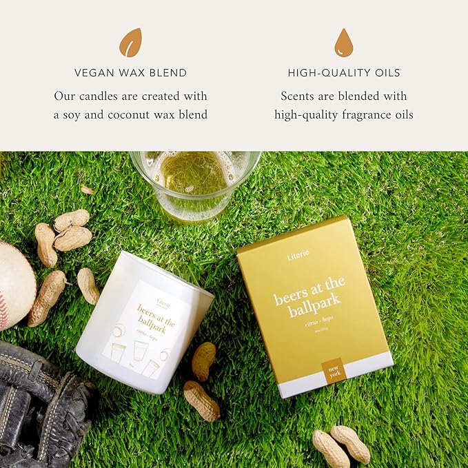 Literie NYC Inspired Scented Candle: Beers at The Ballpark - Citrus & Hops Scent, 9oz, 50 Hour Burn, Vegan Soy & Coconut Blend Candle for Home Decor, Gift for Women & Men