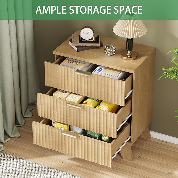 Fluted Nightstand, 24" Wide Side Table with 3 Large Storage Drawers, Mid Century Modern Wood Night Stand with Metal Handle, Wooden Bedside End Table for Bedroom, Living Room, Closet, Natural Oak