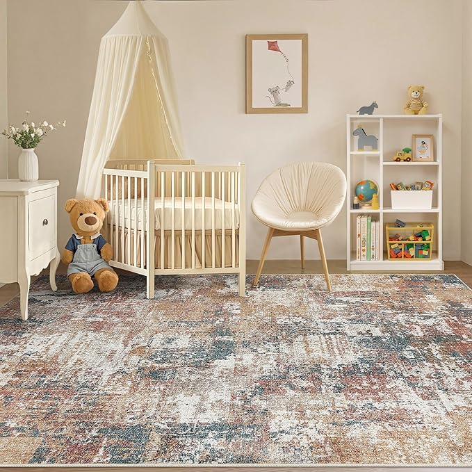 Tortania Washable 10x14 Area Rug for Living Room: Modern Abstract Neutral Large Soft Thin Rugs - Non Slip Indoor Carpet for Bedroom Dining Room Office Nursery Home Floor Decoration - Colorful Multi